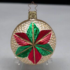 Inge Glas Round Indent Poinsettia German Glass Christmas Ornament 2.5"